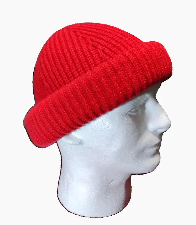 Rolled up Beanie for men - Red 100% wool