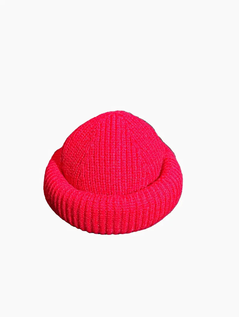 Rolled up Beanie for men - Red 100% wool