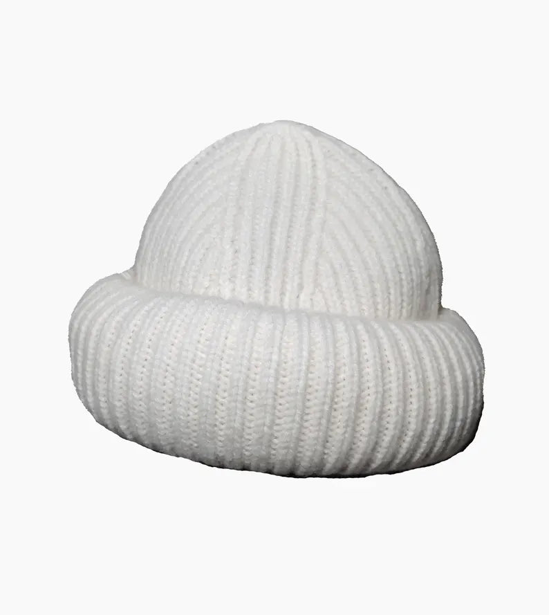 Rolled up Beanie for men - White 100% wool