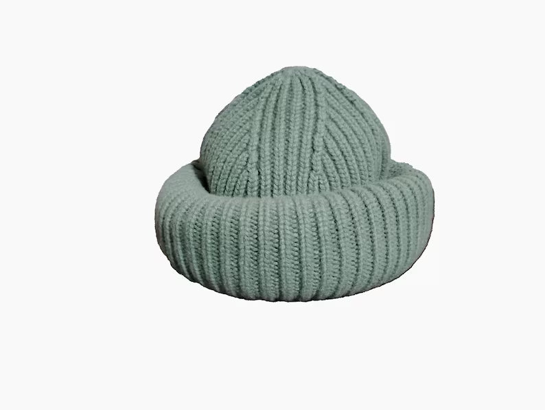 Rolled up Beanie for men - Army Green 100% wool