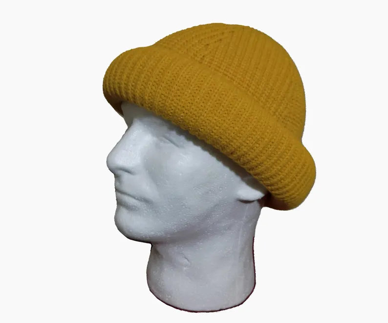 Rolled up Beanie for men - Yellow 100% wool