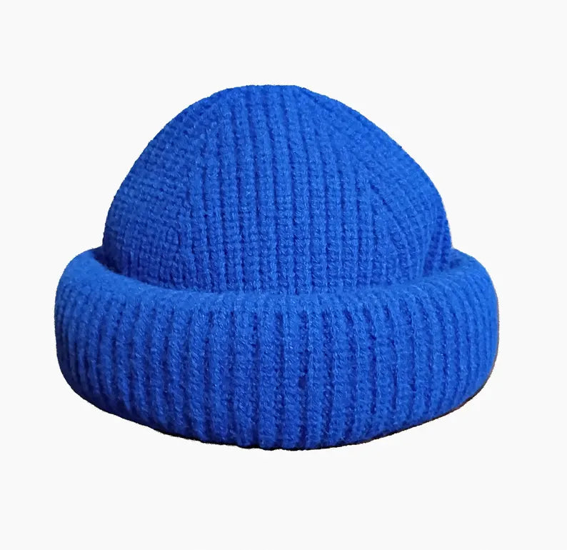 Rolled up Beanie for men - Blue 100% wool