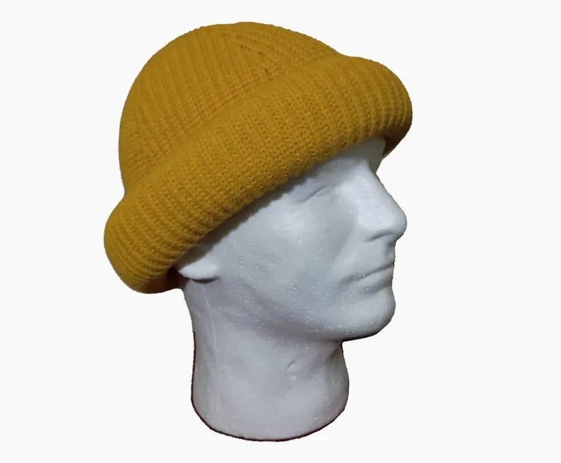 Rolled up Beanie for men - Yellow 100% wool