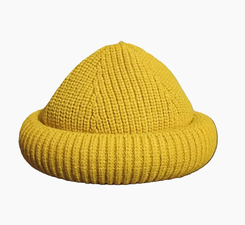 Rolled up Beanie for men - Yellow 100% wool