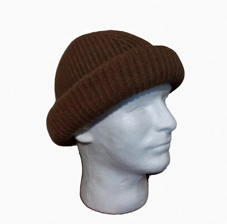 Rolled up Beanie for men - Brown 100% wool