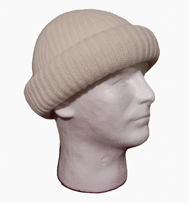 Rolled up Beanie for men - White 100% wool