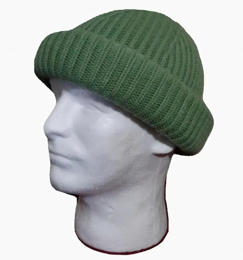 Rolled up Beanie for men - Army Green 100% wool